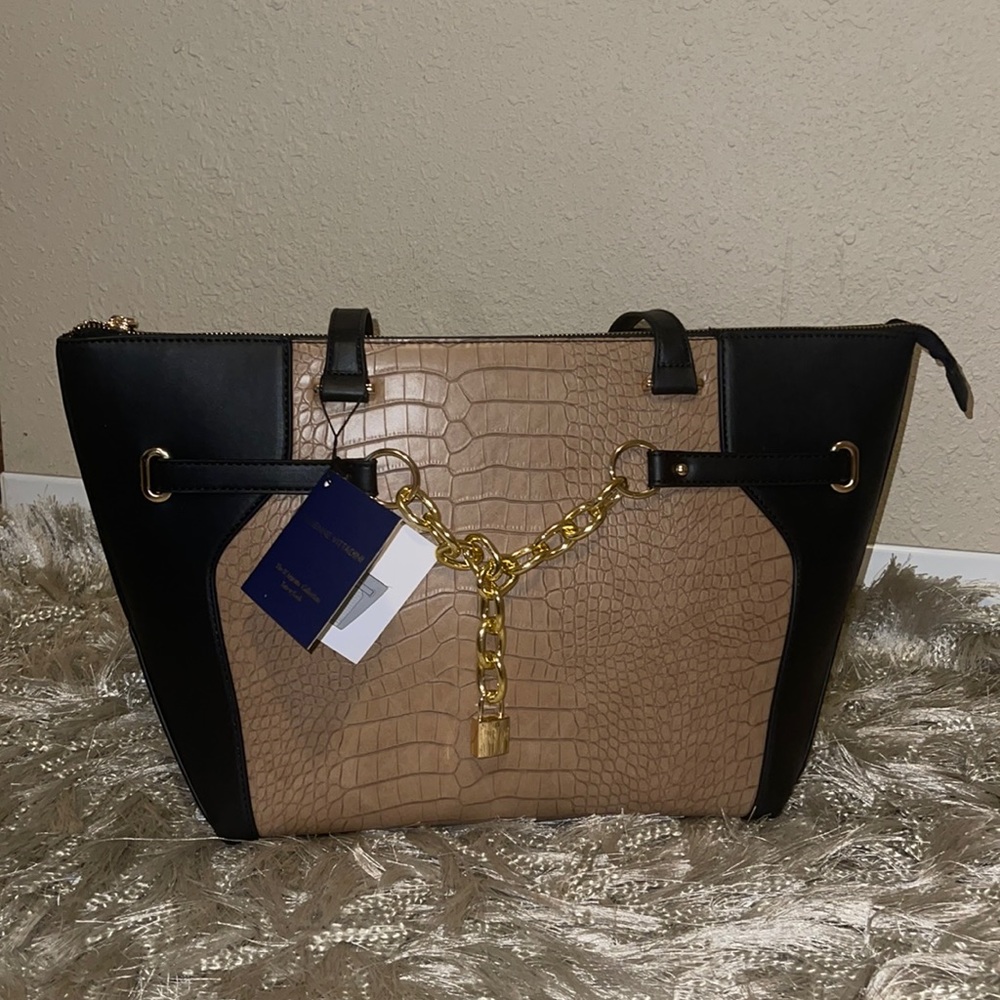 NWT WOMEN'S BLACK&BROWN ALLIGATOR LEATHER ADRIENNE VITTADINI HANDBAG PURSE TOTE
